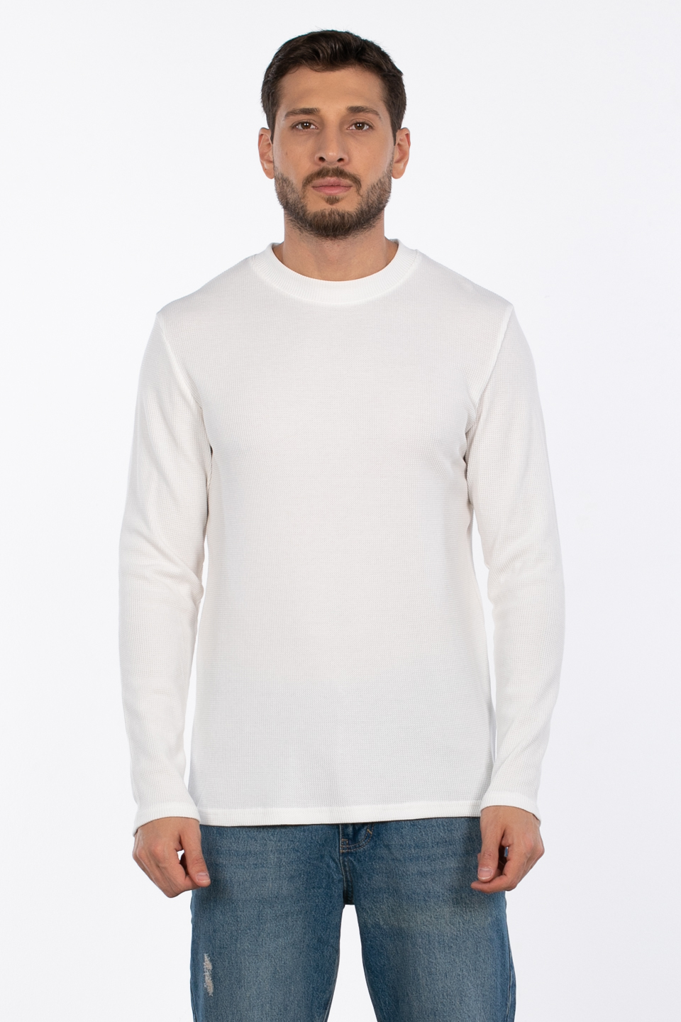 Erkek Bisiklet Yaka Waffle Sweatshirt - Ekru