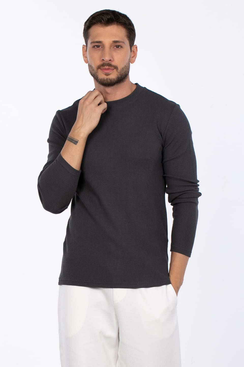 Erkek Bisiklet Yaka Waffle Sweatshirt - Antrasit