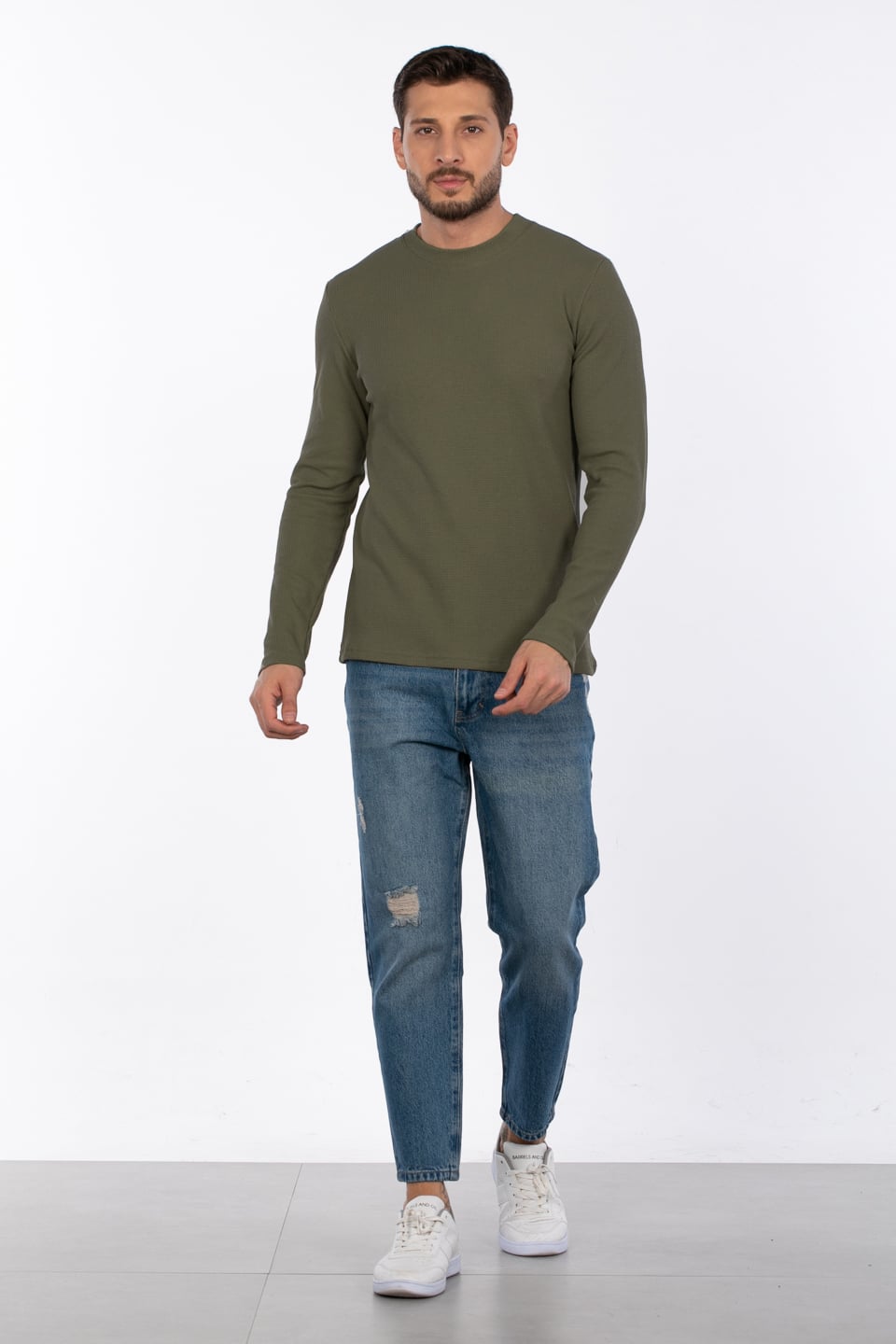 Erkek Bisiklet Yaka Waffle Sweatshirt - Haki