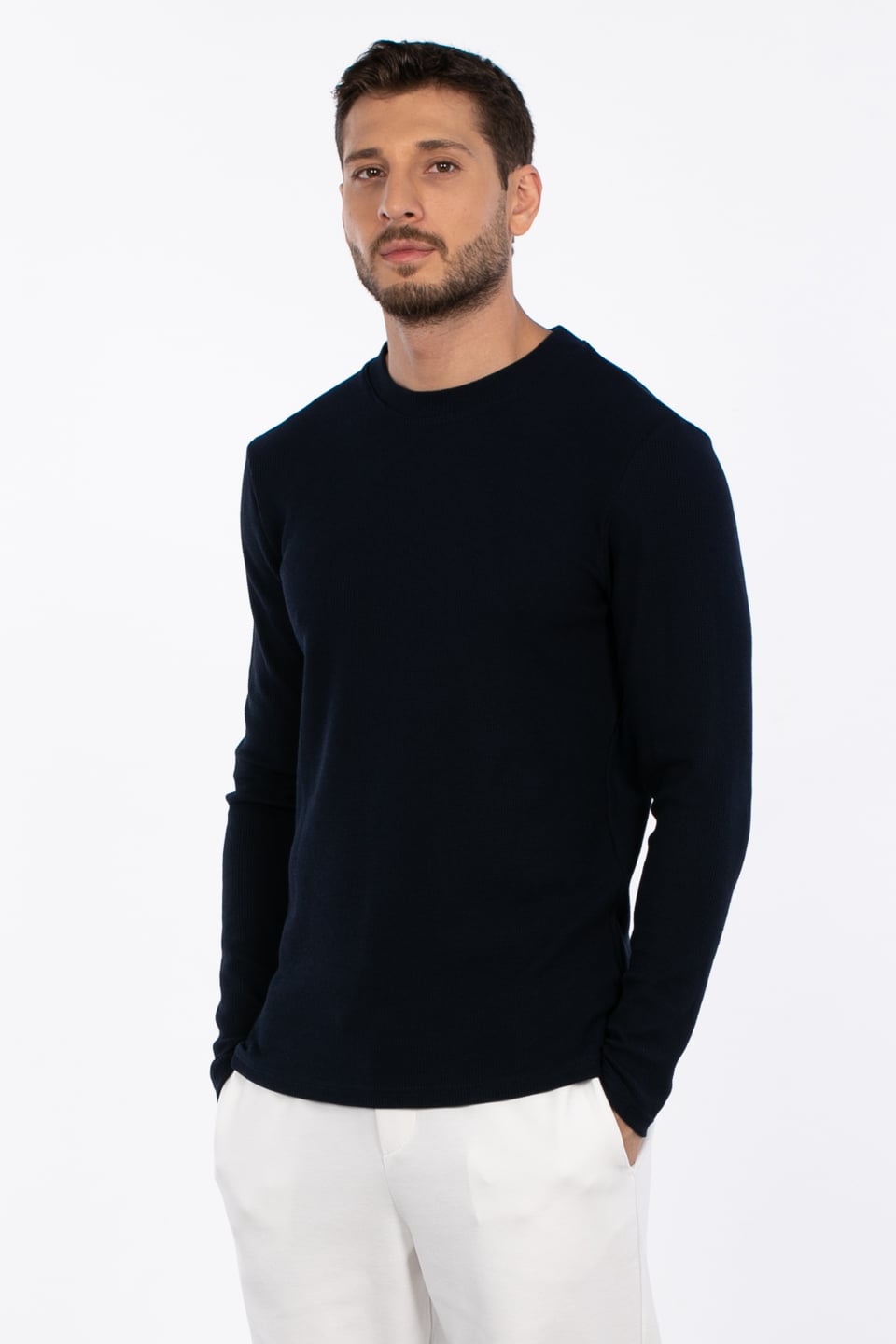 Erkek Bisiklet Yaka Waffle Sweatshirt - İndigo