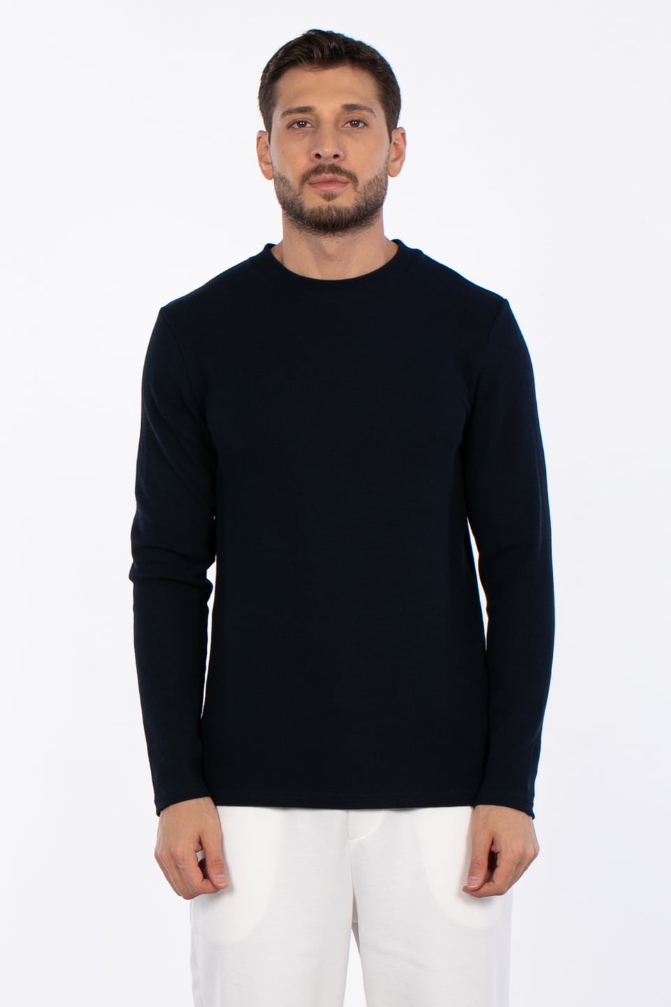 Erkek Bisiklet Yaka Waffle Sweatshirt - İndigo