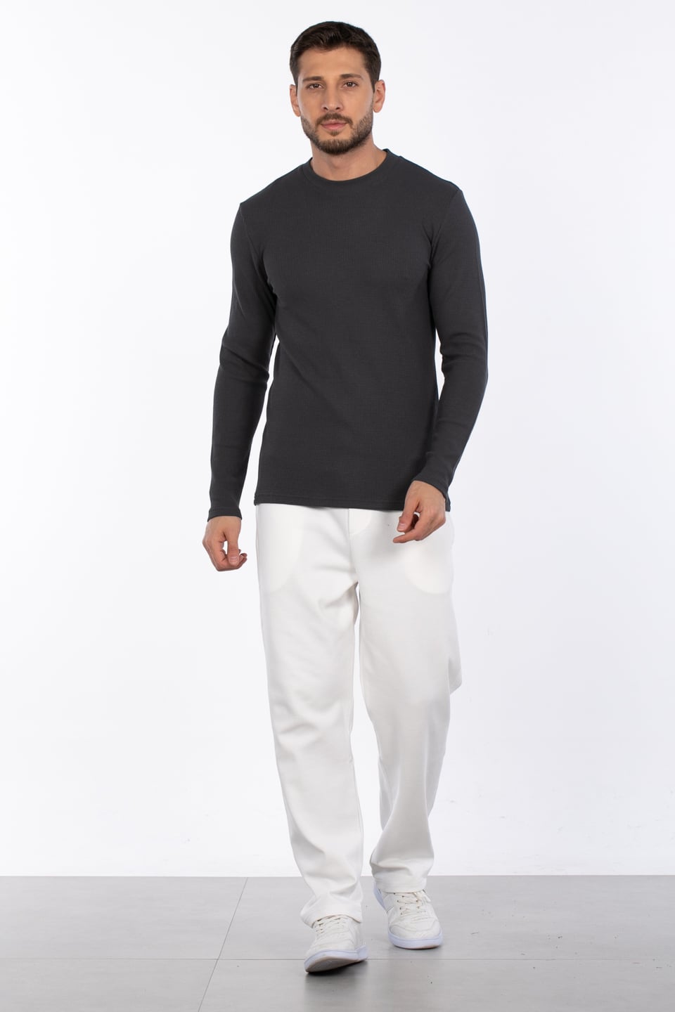 Erkek Bisiklet Yaka Waffle Sweatshirt - Antrasit