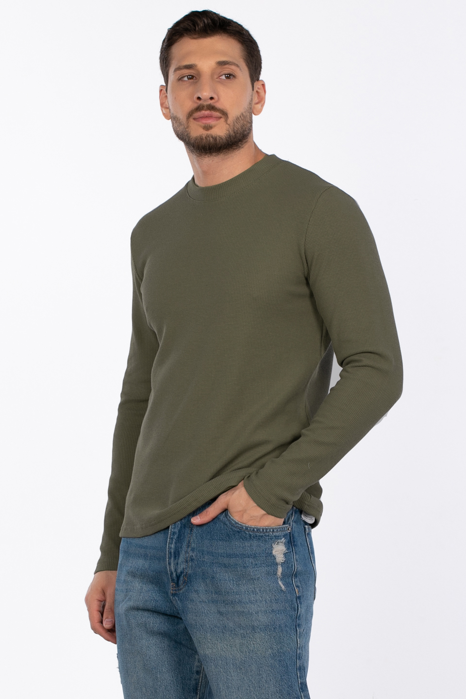 Erkek Bisiklet Yaka Waffle Sweatshirt - Haki