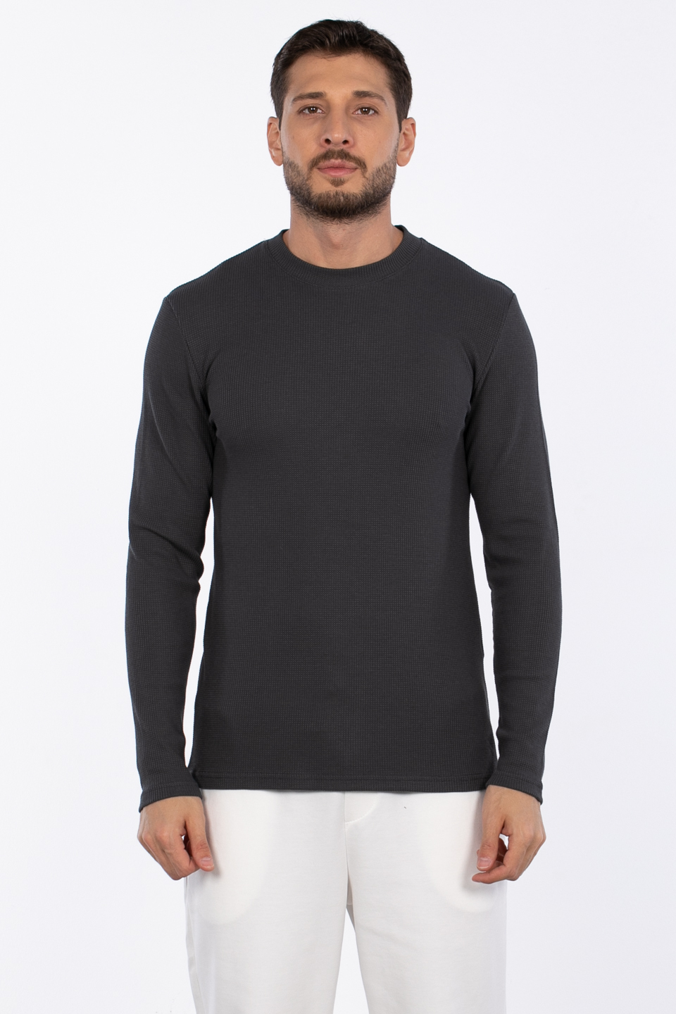 Erkek Bisiklet Yaka Waffle Sweatshirt - Antrasit