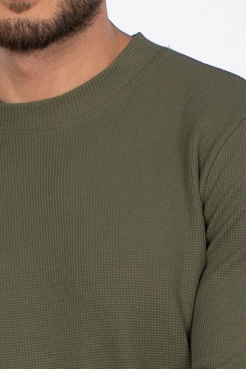 Erkek Bisiklet Yaka Waffle Sweatshirt - Haki