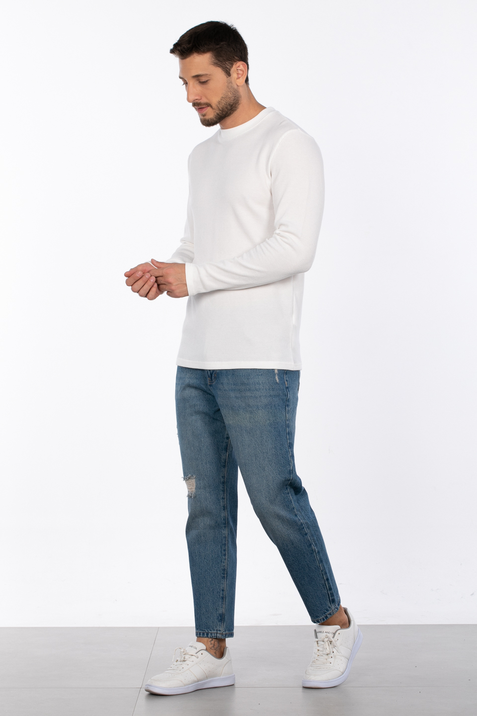 Erkek Bisiklet Yaka Waffle Sweatshirt - Ekru