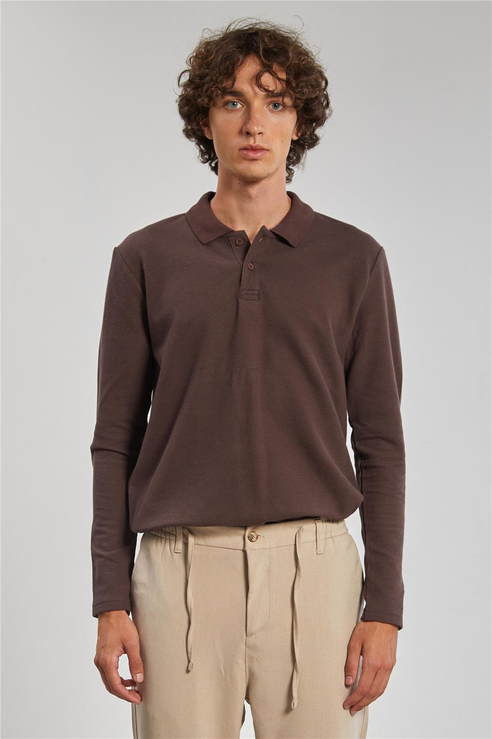 Erkek Polo Yaka Waffle Sweat - Acı Kahve