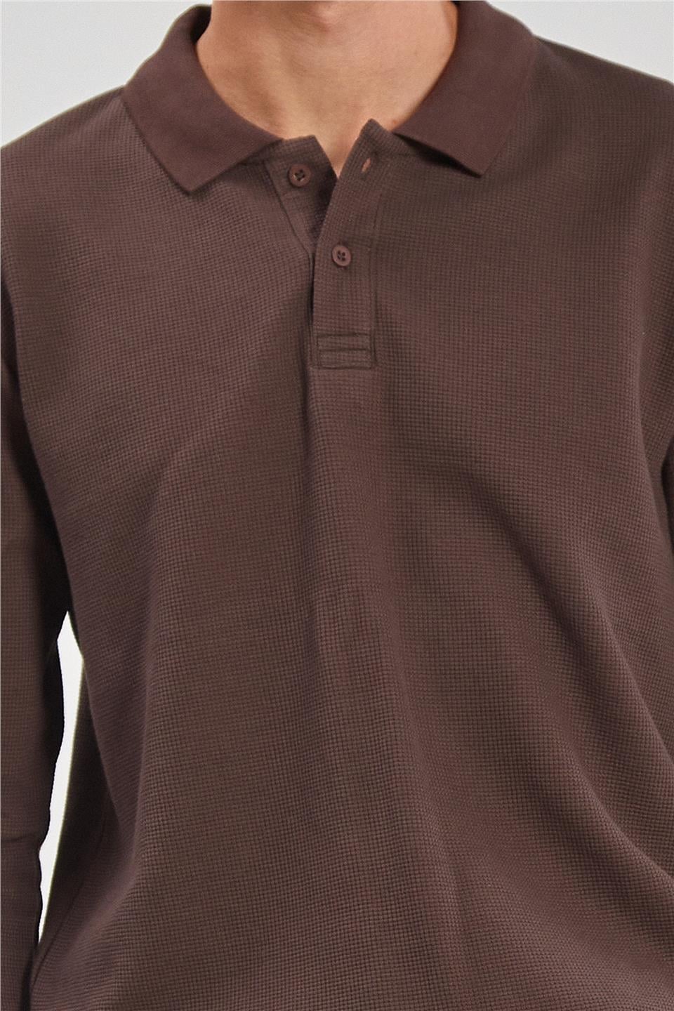 Erkek Polo Yaka Waffle Sweat - Acı Kahve