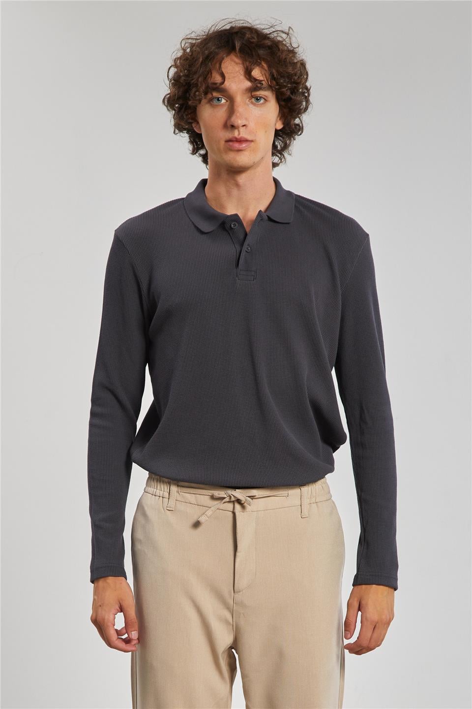 Erkek Polo Yaka Waffle Sweatshirt - Antrasit