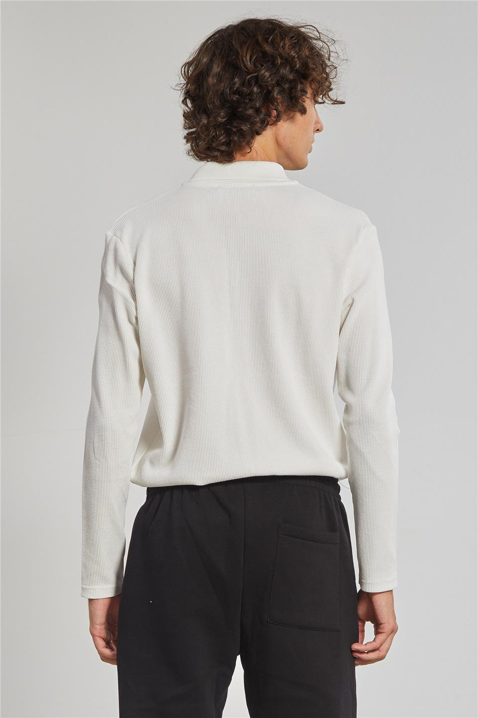 Erkek Polo Yaka Waffle Sweatshirt - Ekru