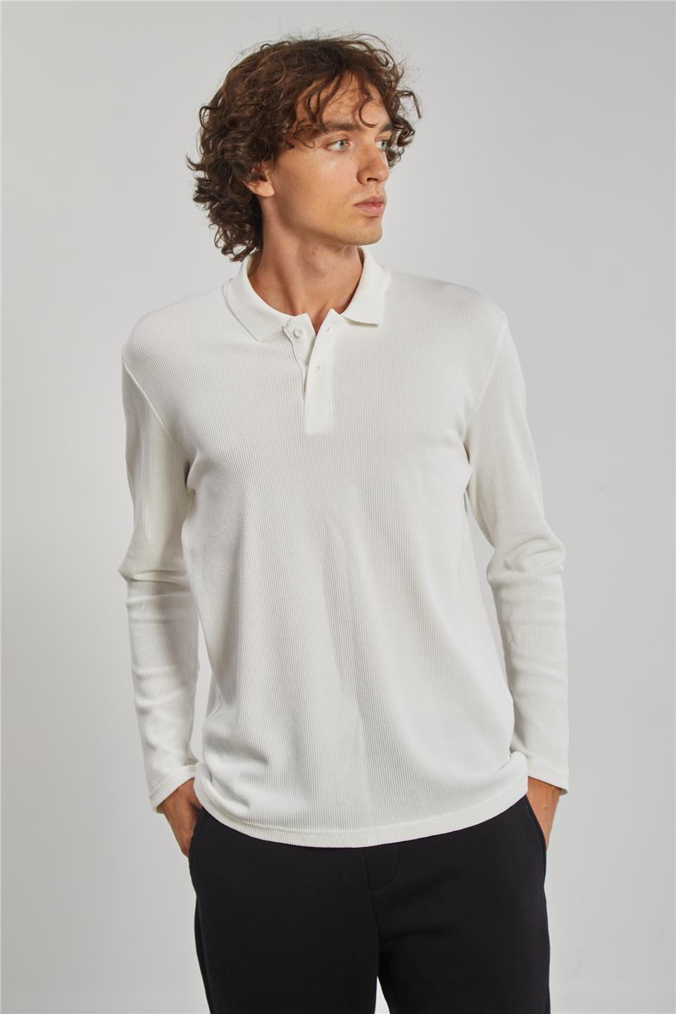 Erkek Polo Yaka Waffle Sweatshirt - Ekru