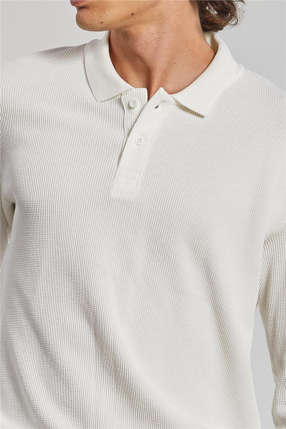 Erkek Polo Yaka Waffle Sweatshirt - Ekru