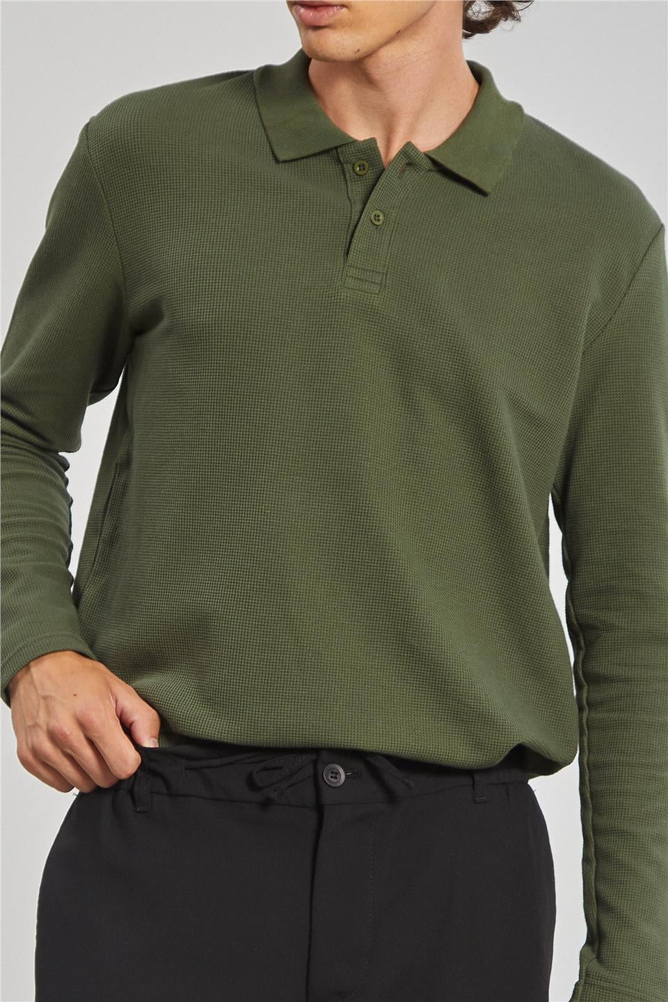 Erkek Polo Yaka Waffle Sweatshirt - Haki