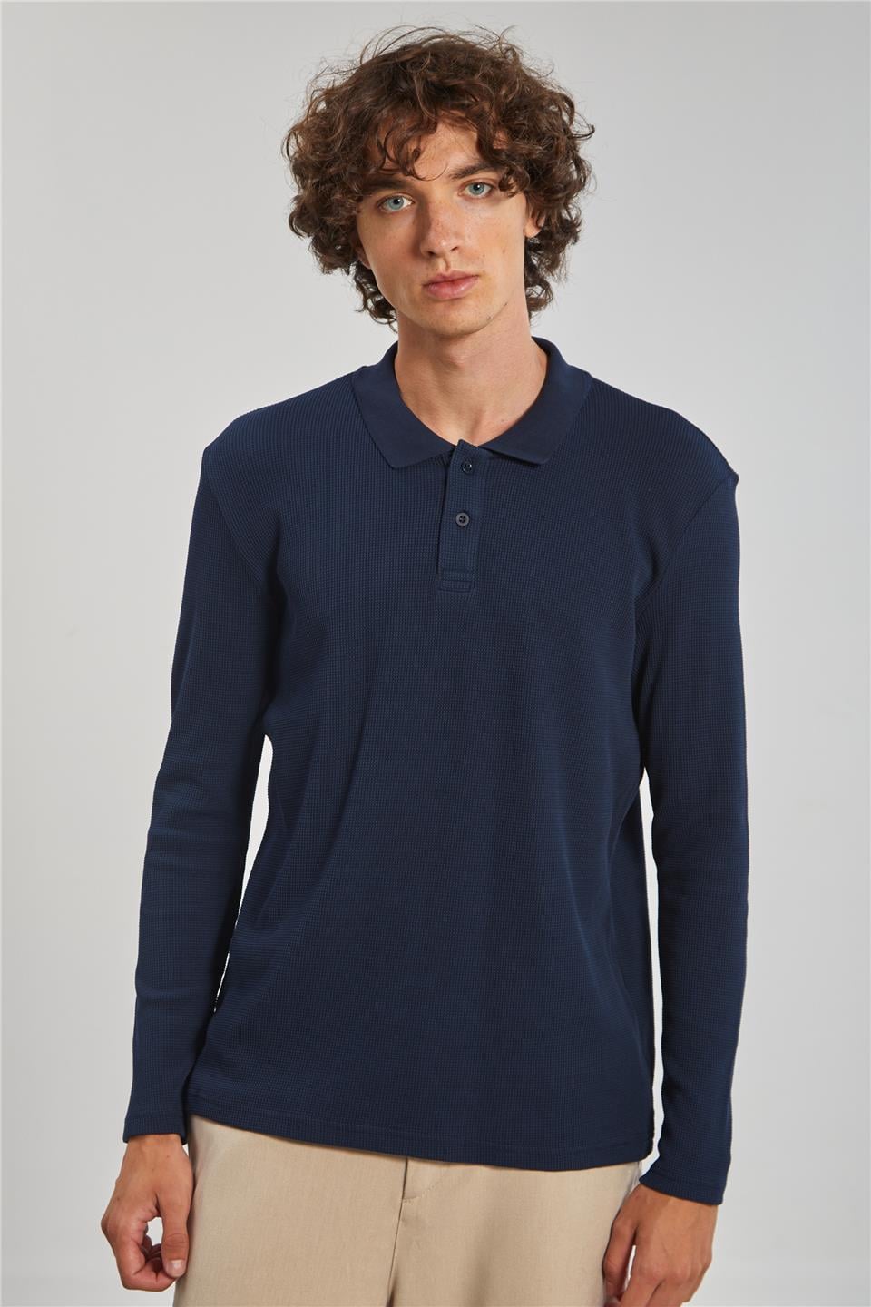 Erkek Polo Yaka Waffle Sweatshirt - İndigo
