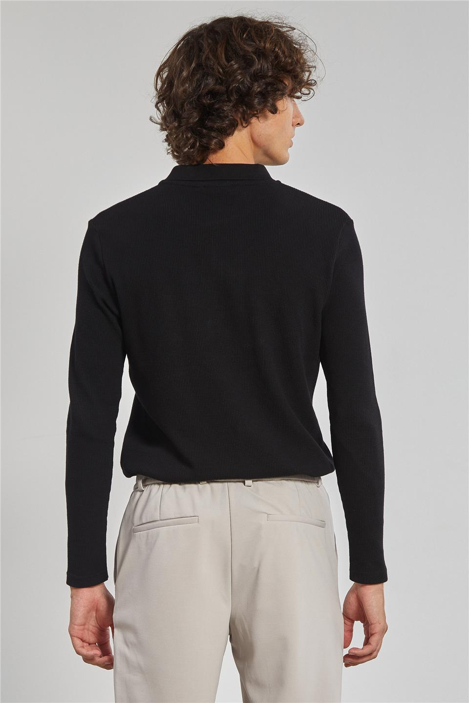 Erkek Polo Yaka Waffle Sweatshirt - Siyah