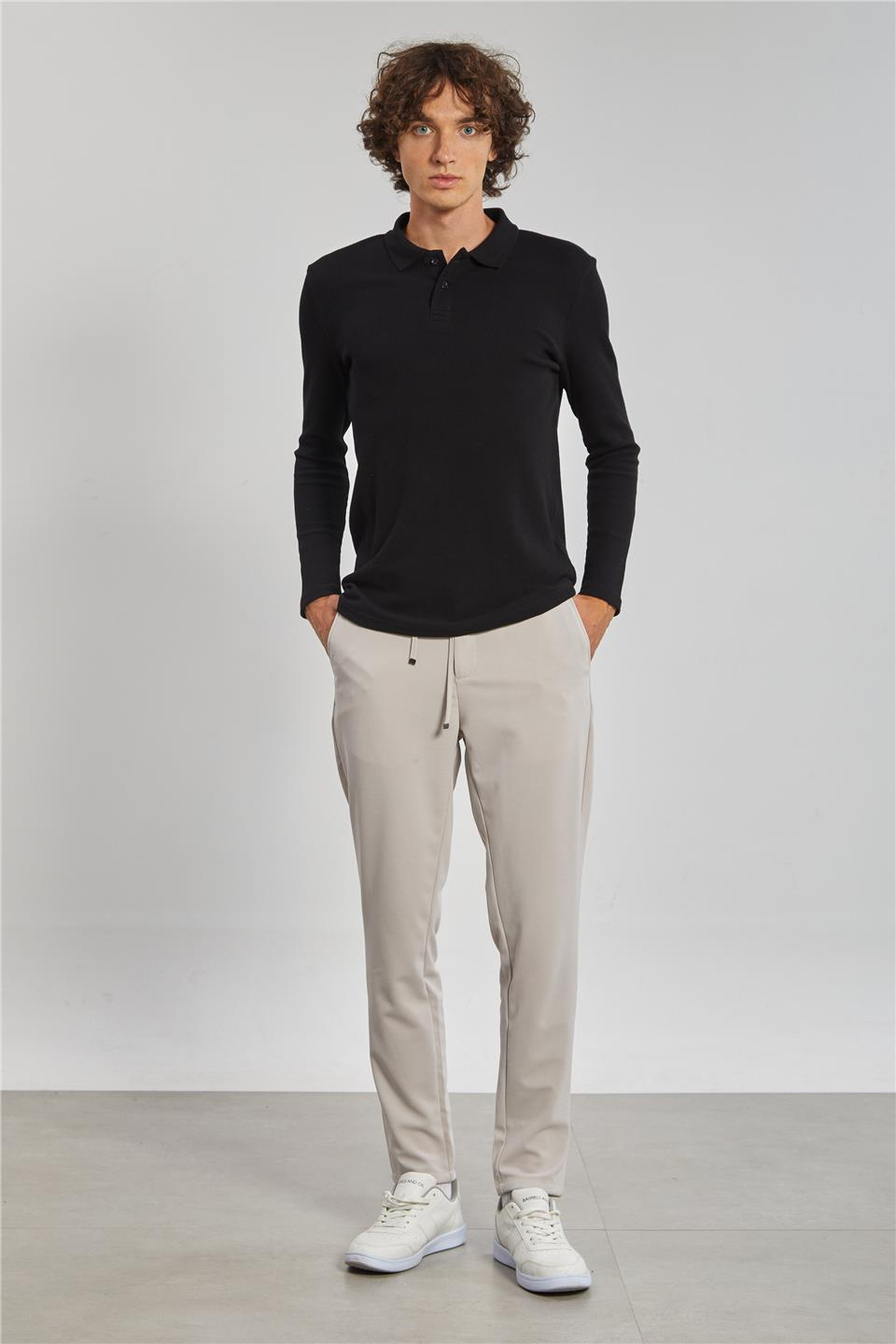 Erkek Polo Yaka Waffle Sweatshirt - Siyah