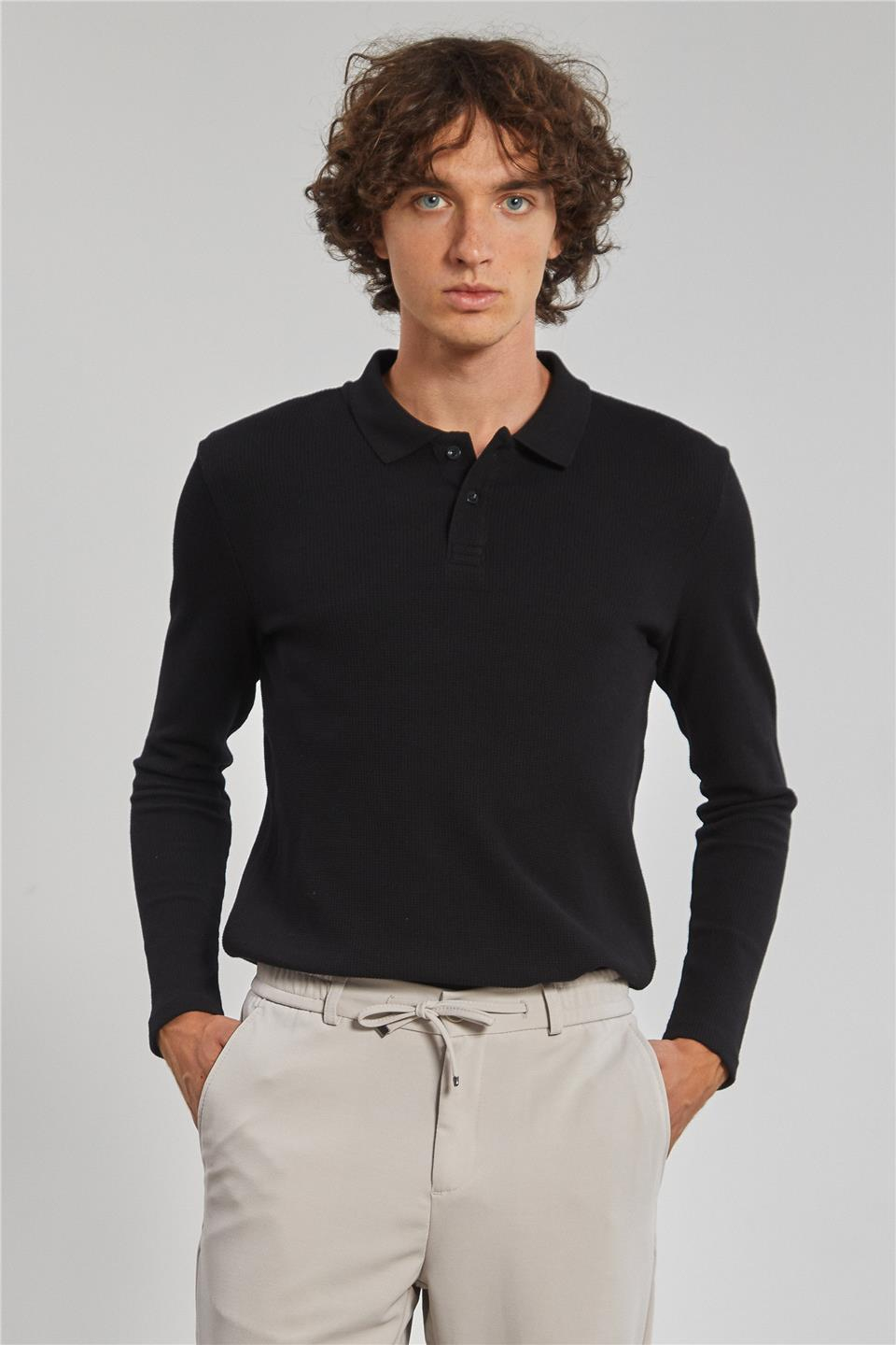 Erkek Polo Yaka Waffle Sweatshirt - Siyah