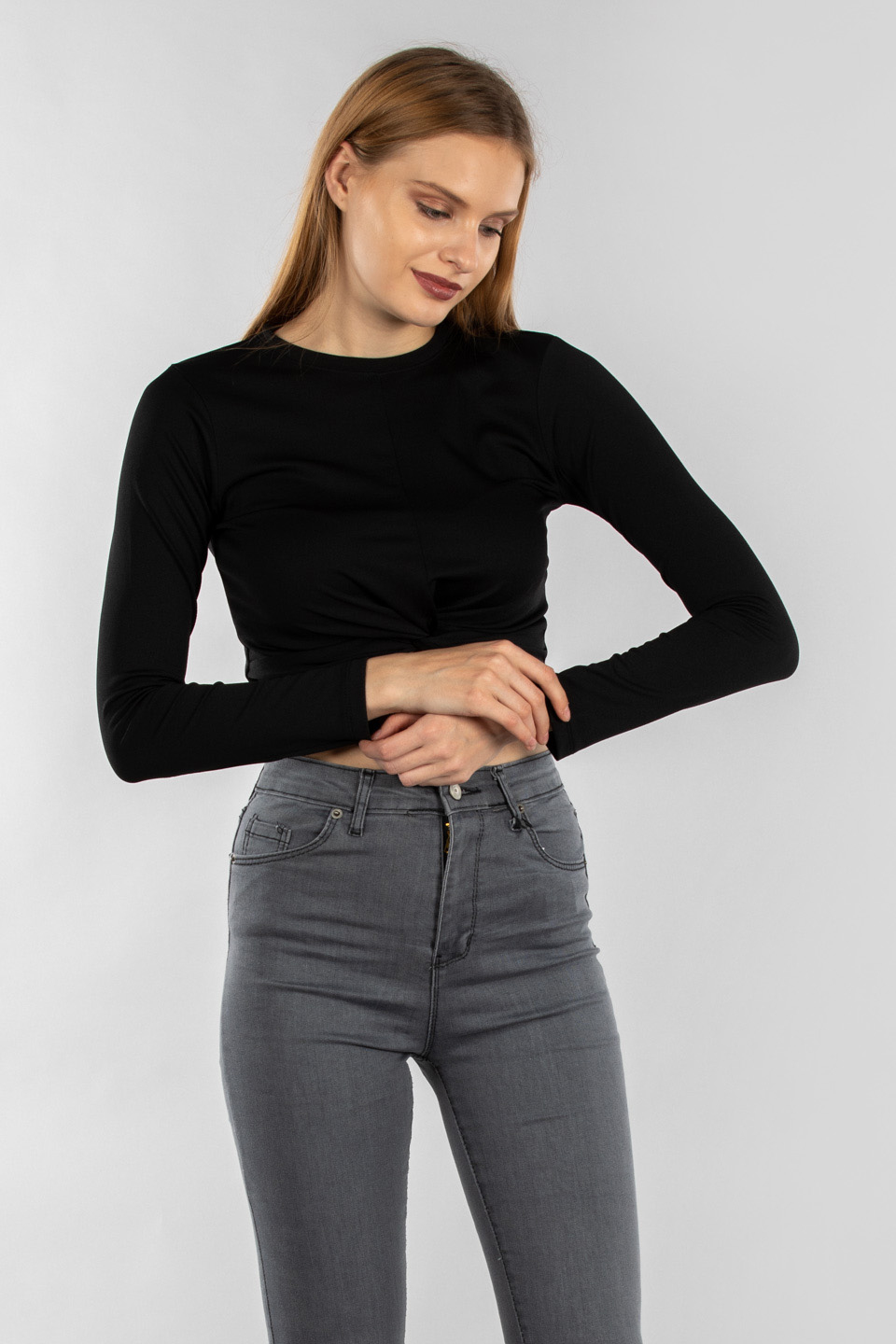 Eteği düğüm detaylı bluz-7341 Siyah