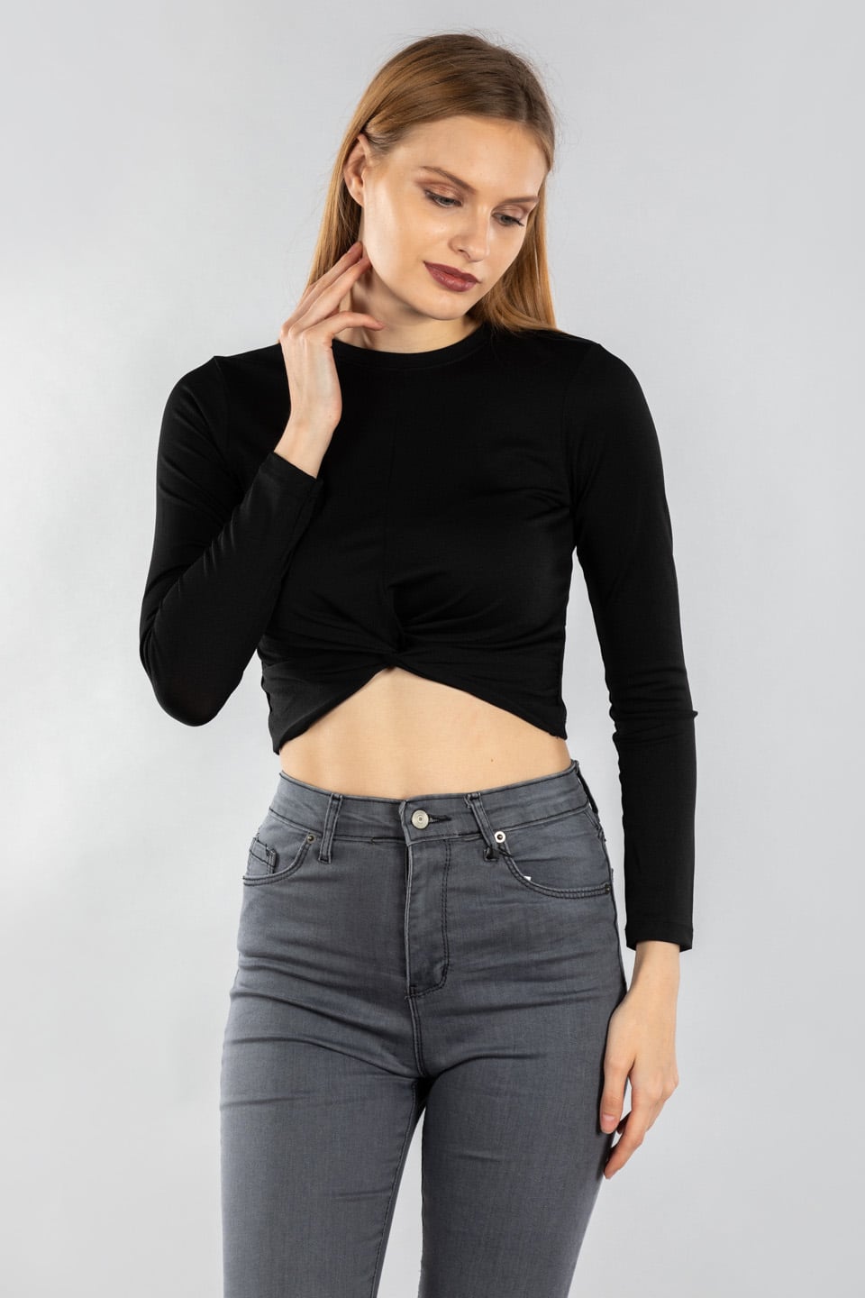 Eteği düğüm detaylı bluz-7341 Siyah