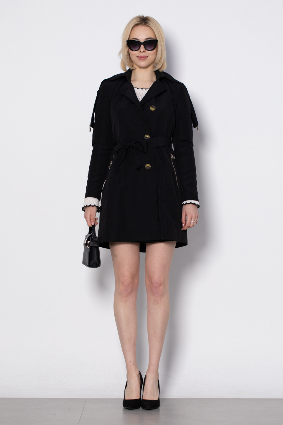 Fermuar detaylı midi trench-1648 Siyah