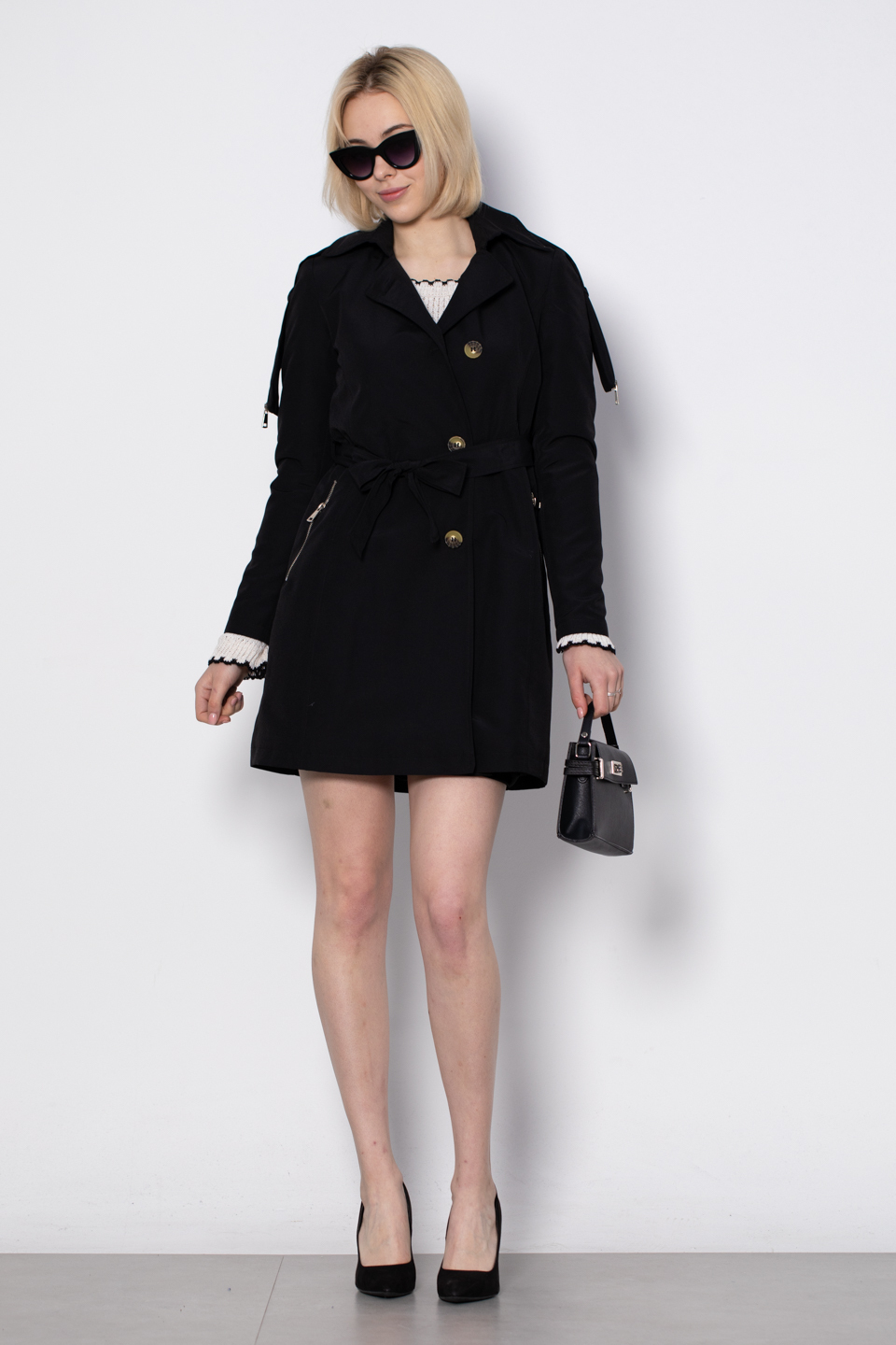 Fermuar detaylı midi trench-1648 Siyah