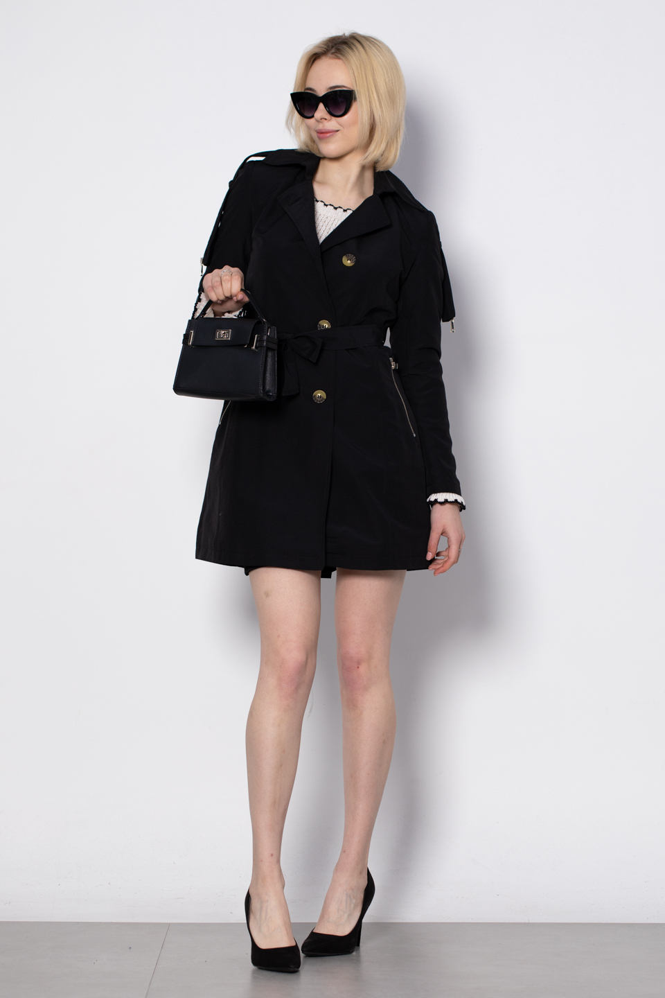 Fermuar detaylı midi trench-1648 Siyah