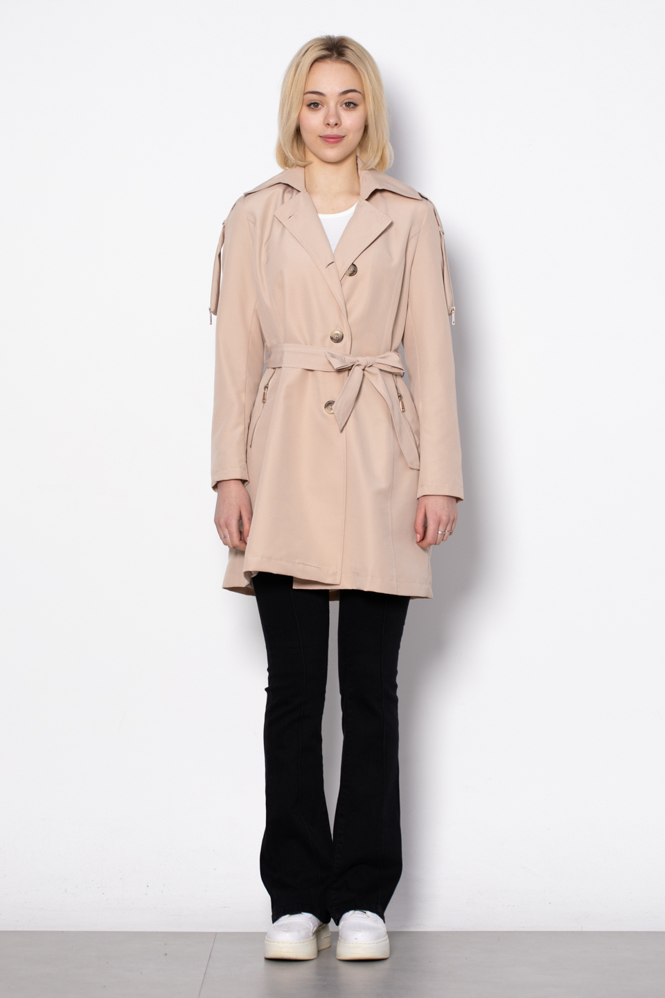 Fermuar detaylı midi trench-1648 Taş