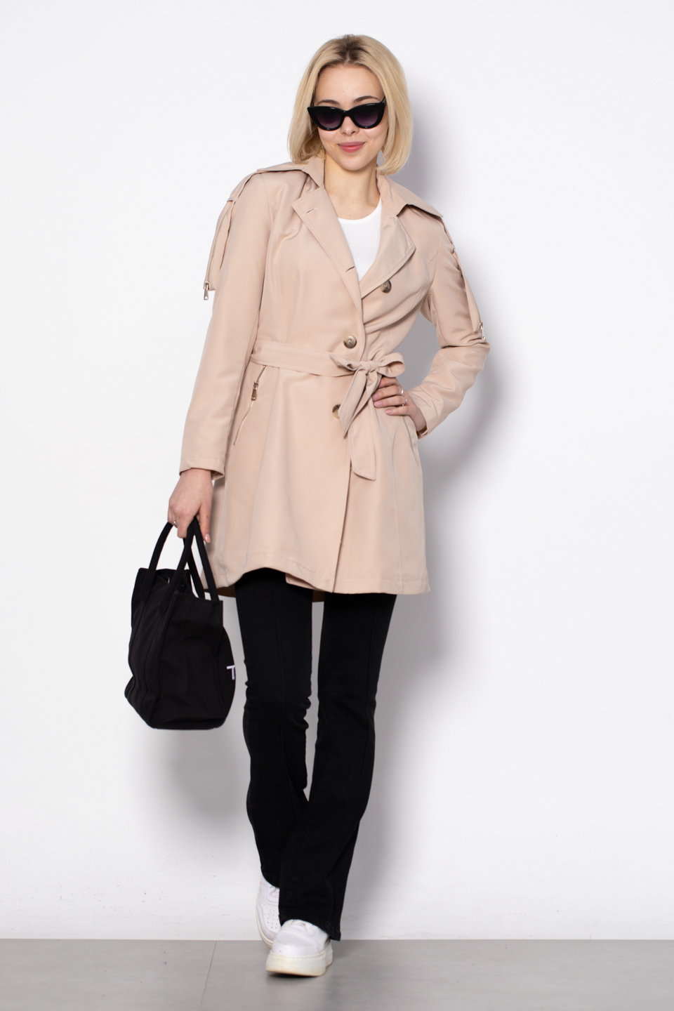 Fermuar detaylı midi trench-1648 Taş