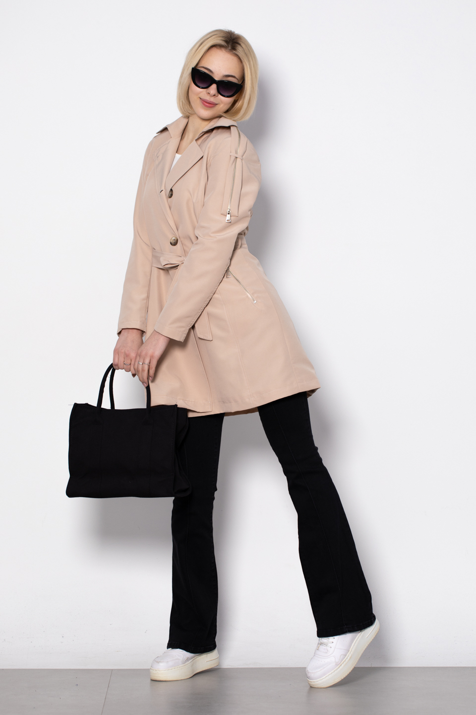 Fermuar detaylı midi trench-1648 Taş
