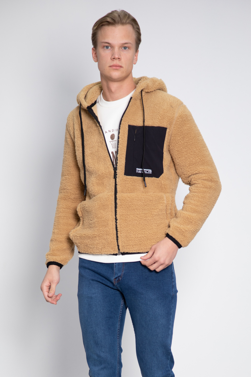 Fermuarlı kapüşonlu peluş mont-9067 Bej