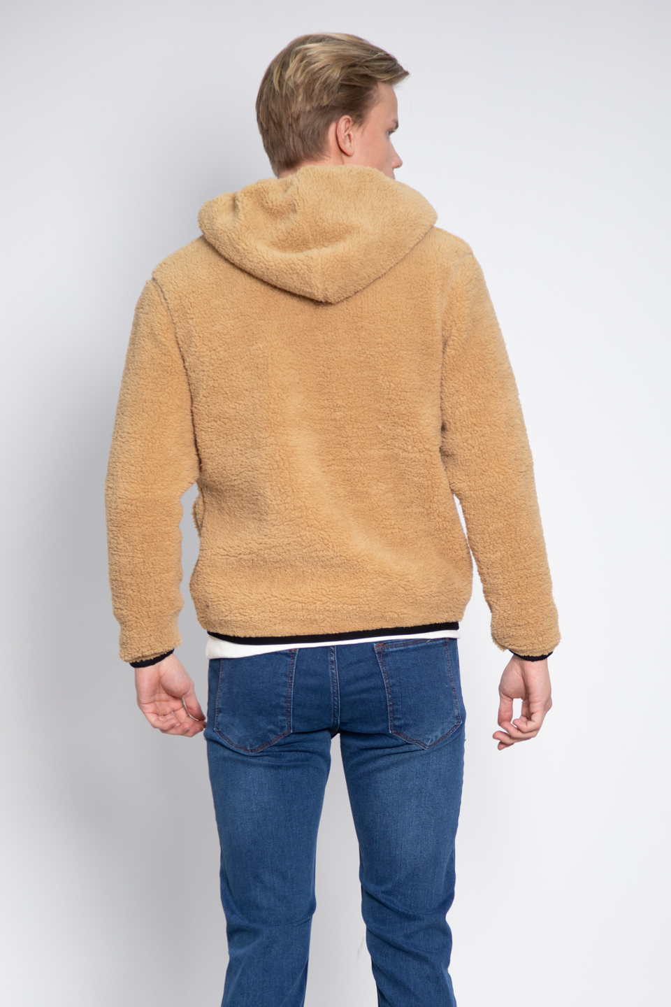 Fermuarlı kapüşonlu peluş mont-9067 Bej