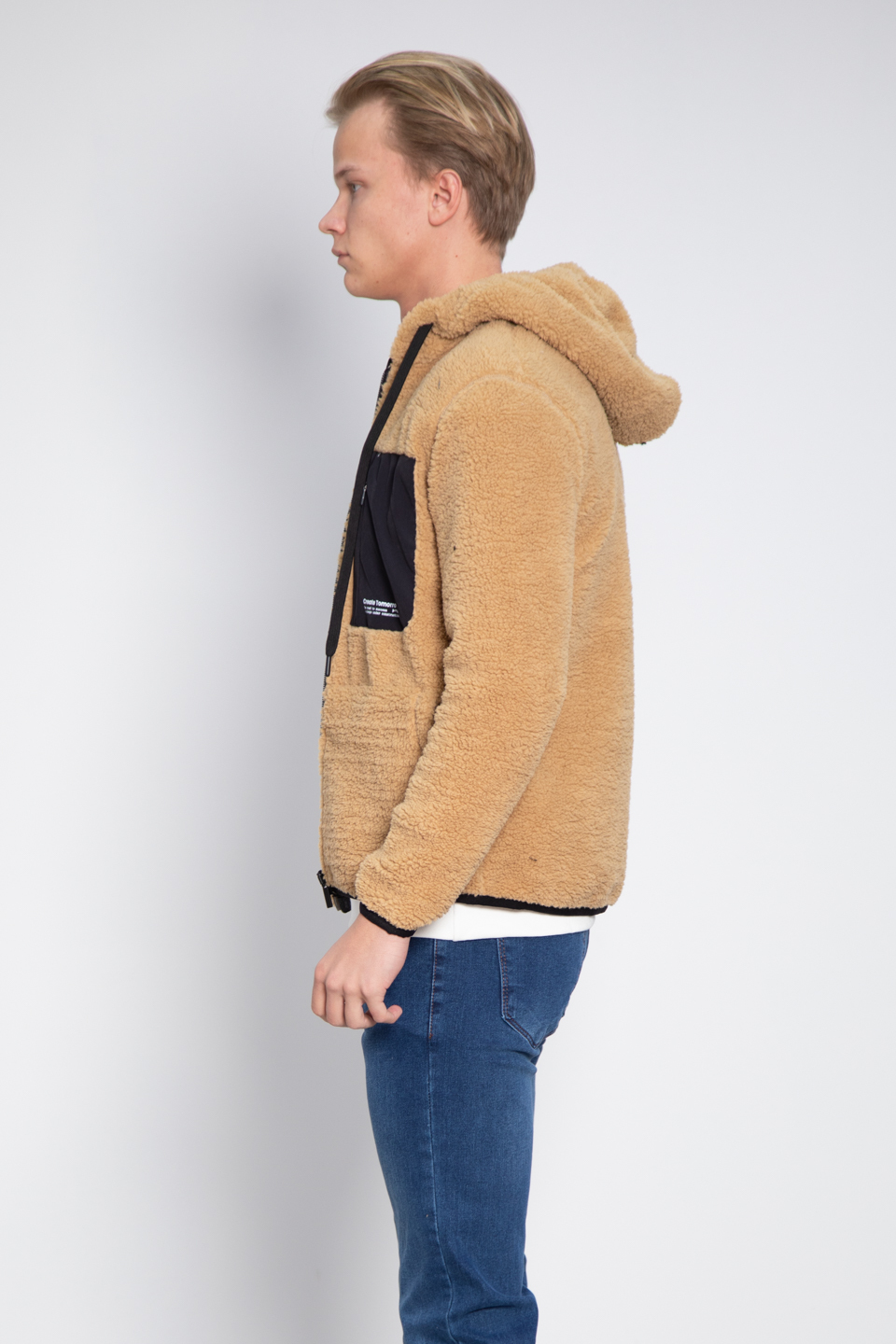 Fermuarlı kapüşonlu peluş mont-9067 Bej