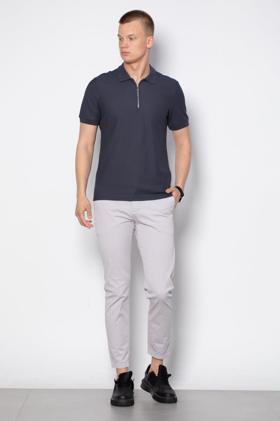 Fermuarlı polo yaka t-shirt-2434 Antrasit