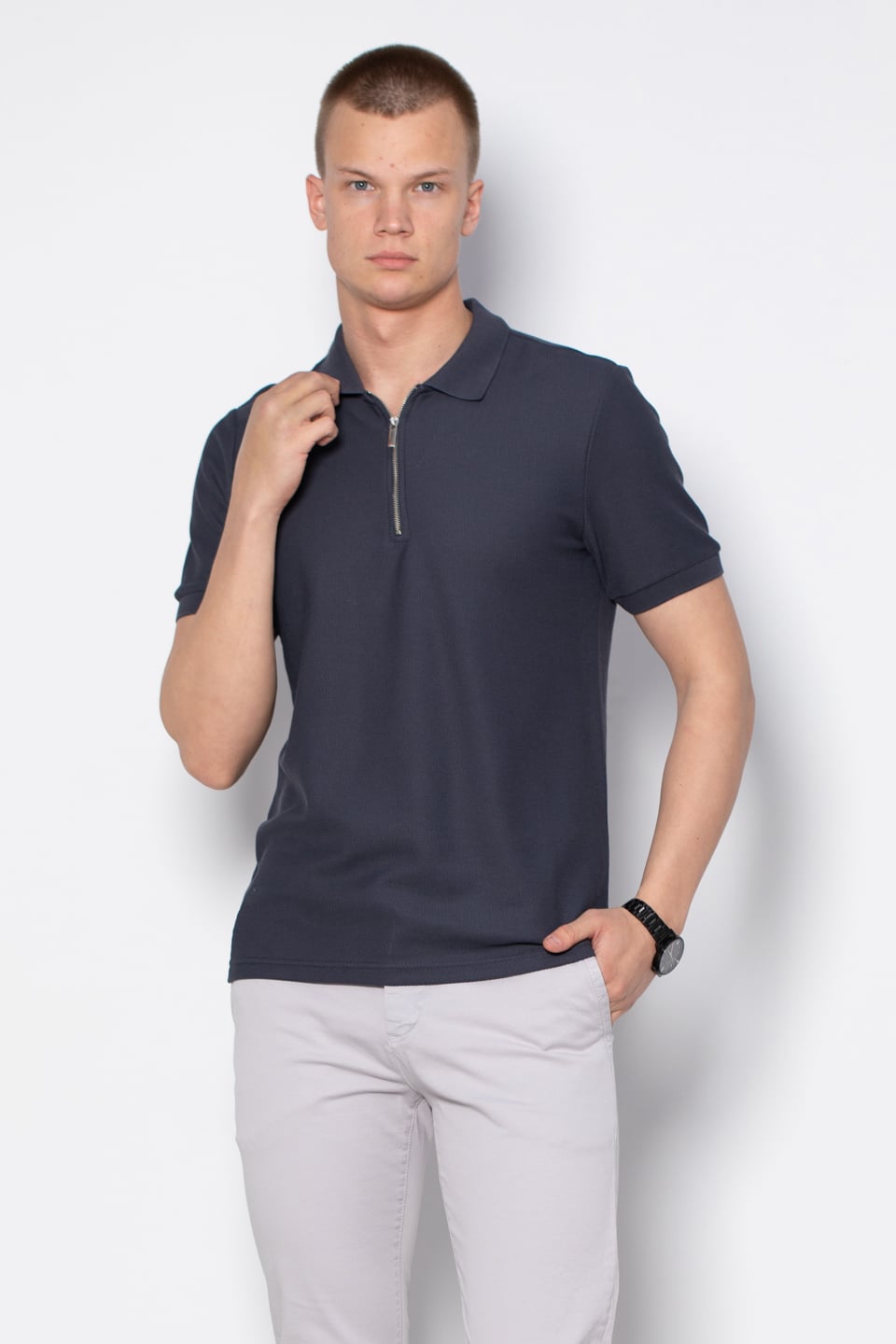 Fermuarlı polo yaka t-shirt-2434 Antrasit