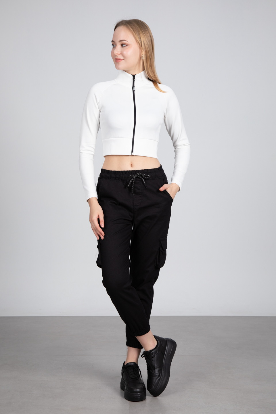 Fermuarlı scuba crop hırka-2038 Beyaz