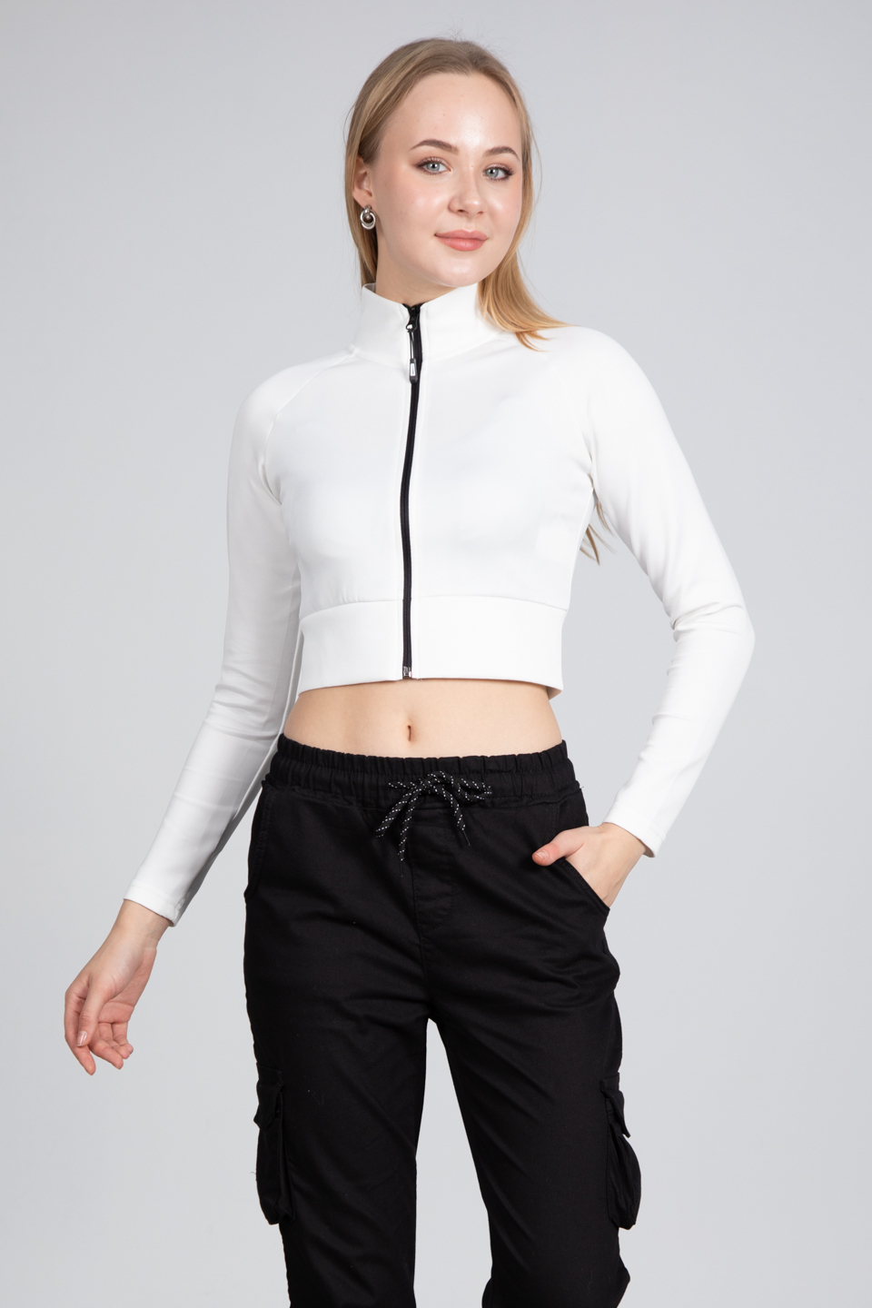 Fermuarlı scuba crop hırka-2038 Beyaz