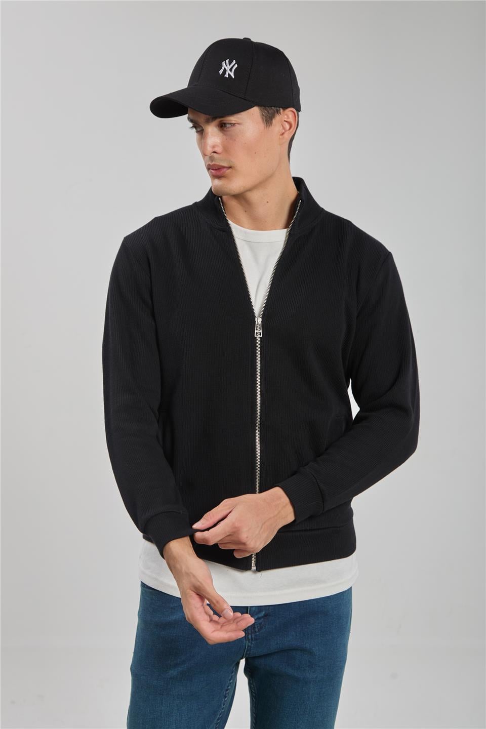 Fermuarlı selanik sweatshirt-1075 Siyah