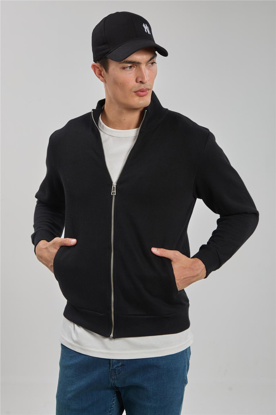 Fermuarlı selanik sweatshirt-1075 Siyah