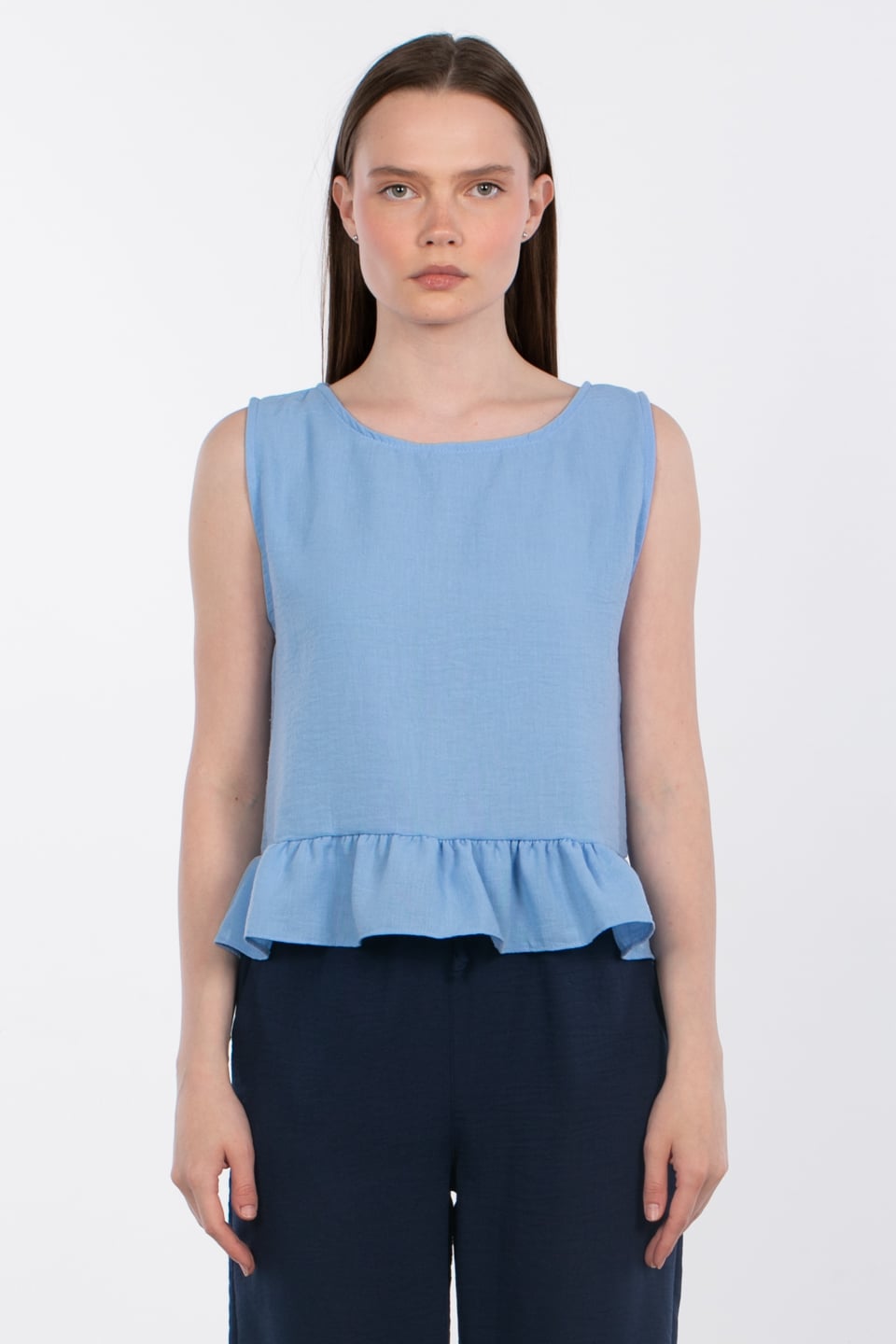 Fırfırlı bluz-6995 Cam Mavi
