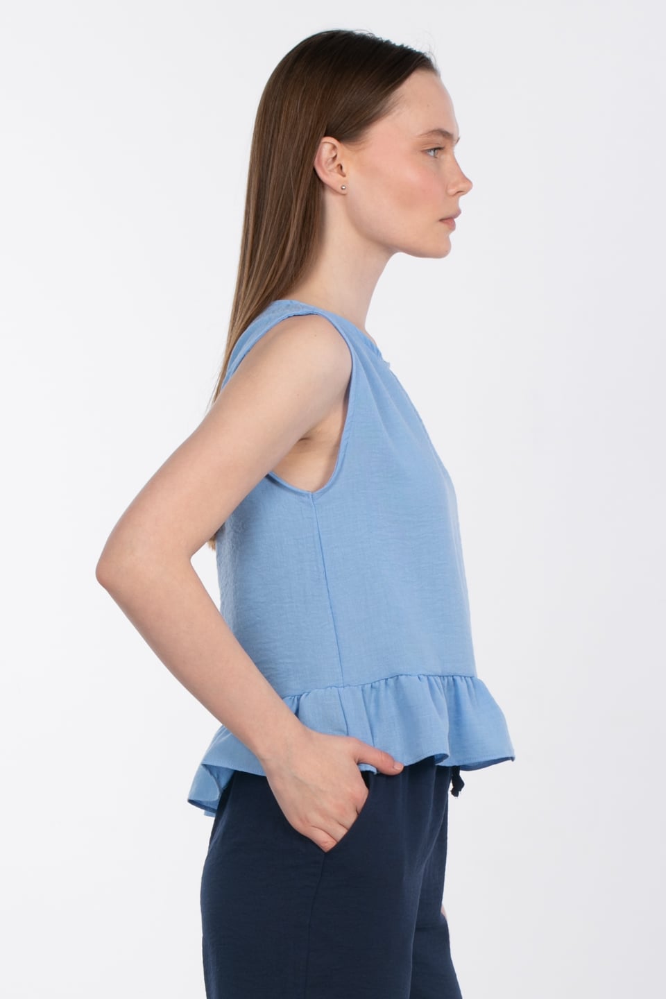 Fırfırlı bluz-6995 Cam Mavi