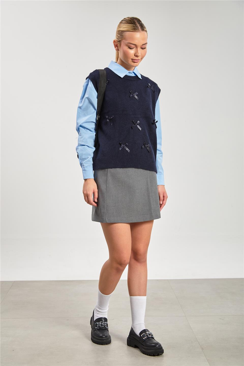 Fiyonklu triko süveter-6581 Lacivert