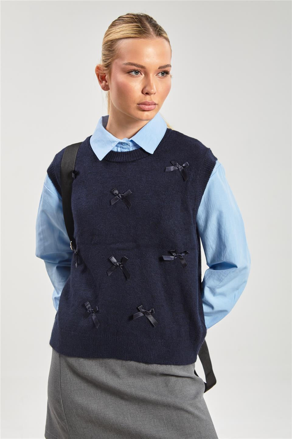 Fiyonklu triko süveter-6581 Lacivert