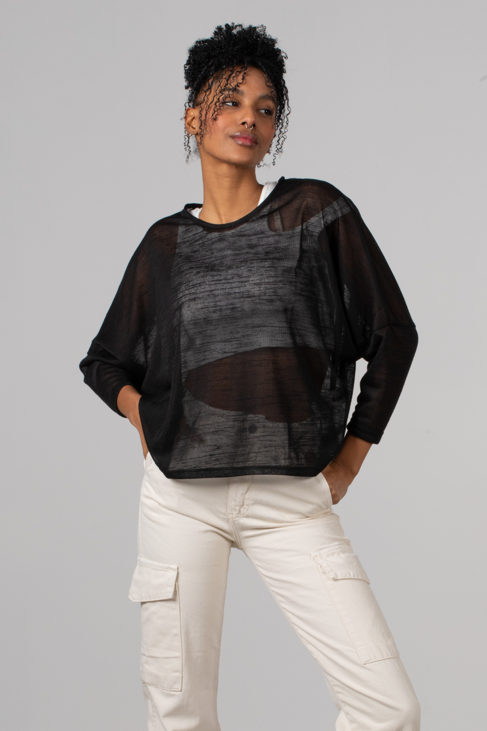 Flamlı uzun kollu t-shirt-23-012 Siyah