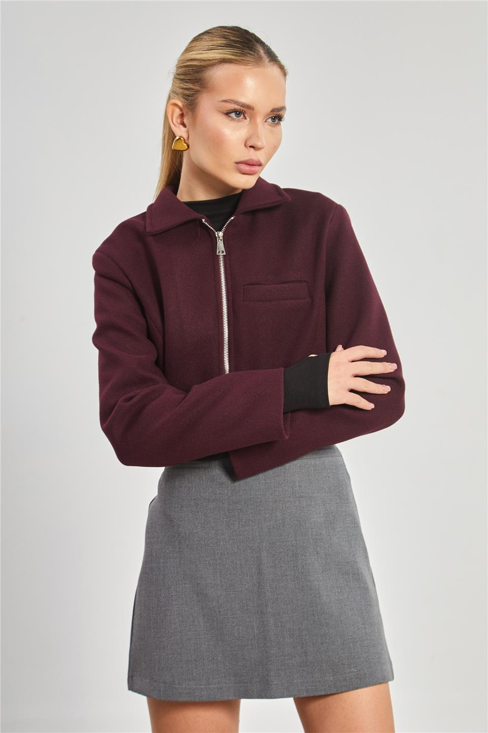 Fleto cep kaşe crop ceket-6901 Mürdüm