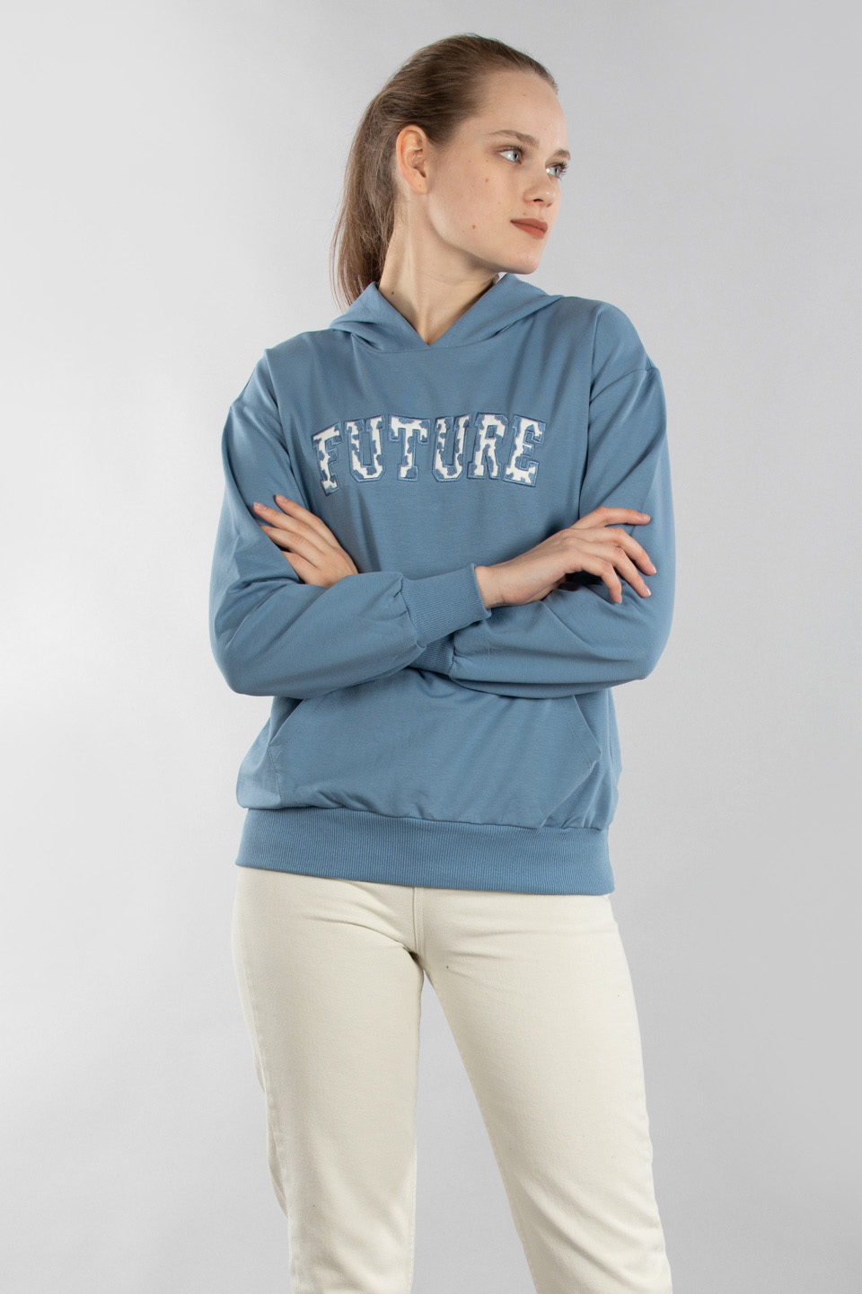Future nakışlı kapüşonlu sweat-5011 Mavi