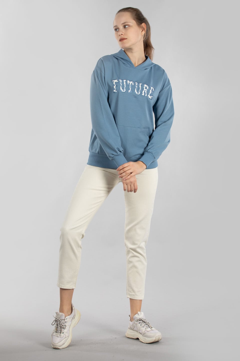 Future nakışlı kapüşonlu sweat-5011 Mavi