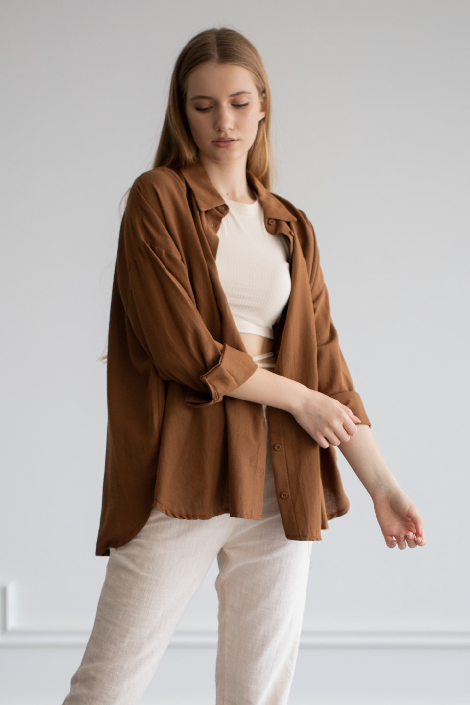 Gabardin oversize gömlek-6485 Kahve