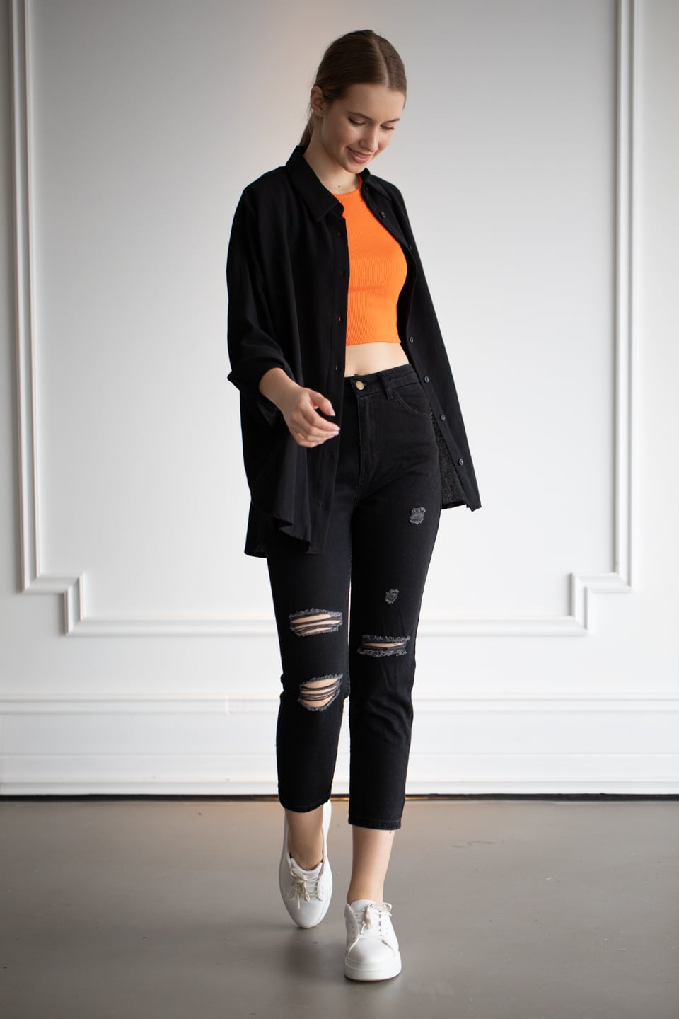 Gabardin oversize gömlek-6485 Siyah