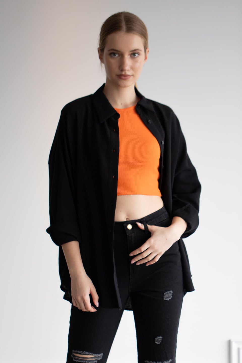 Gabardin oversize gömlek-6485 Siyah