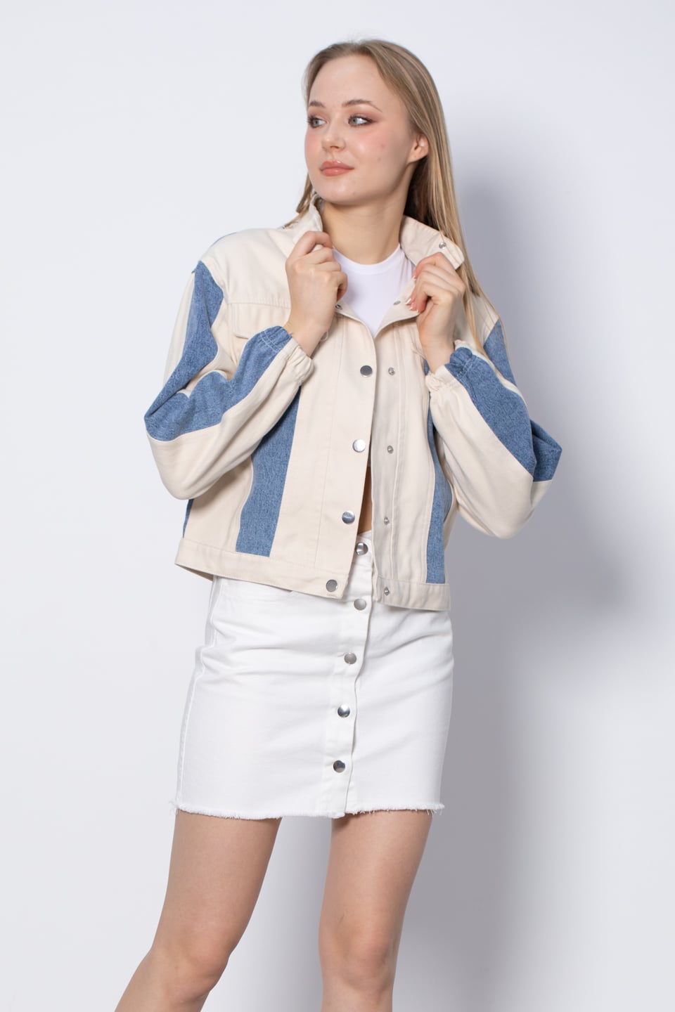 Garnili Denim Ceket - Mavi/Ekru